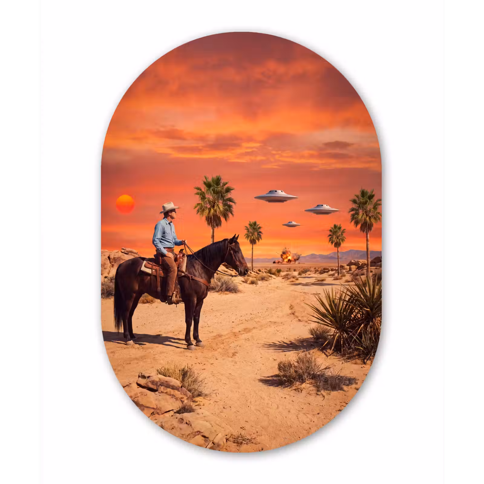 Muurovaal glas - Cowboy - Paard - Woestijn - Cowboy - Paard - Woestijn Wandcirkel Ovaal Glas middel