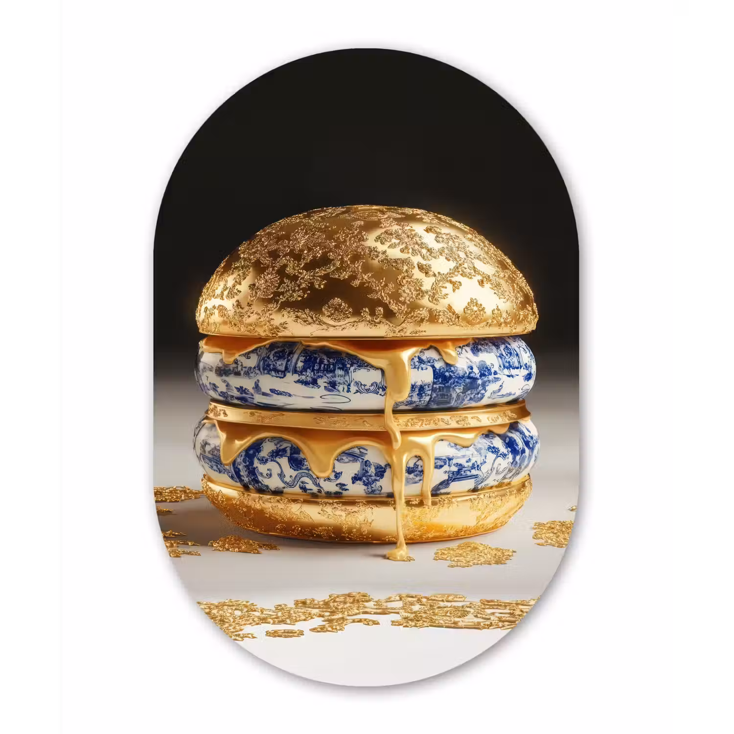 Delftsblauw - Goud - Burger Wandcirkel Ovaal Glas middel -3d