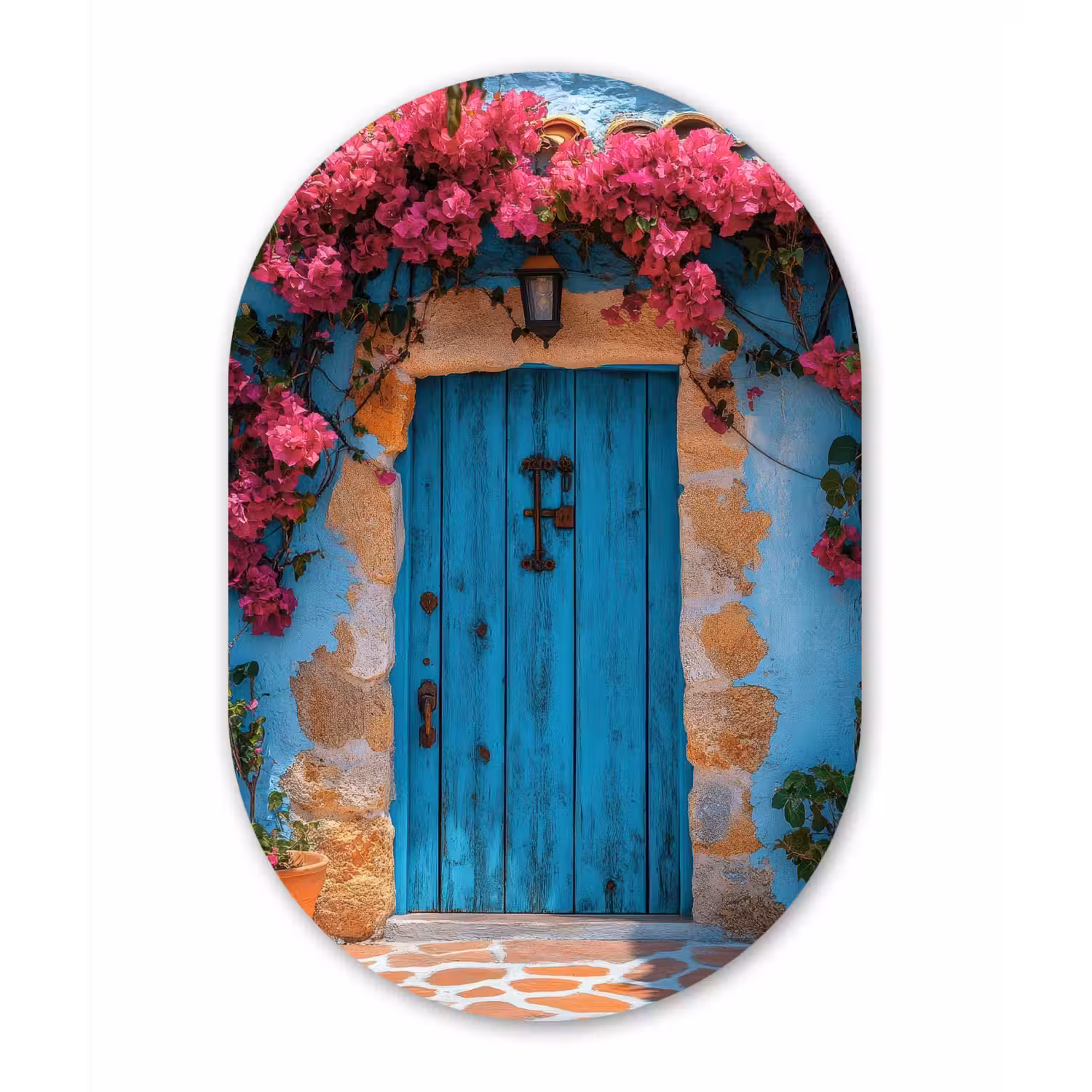 Deur - Hout - Bloemen - Blauw Wandcirkel Ovaal Glas middel -3d