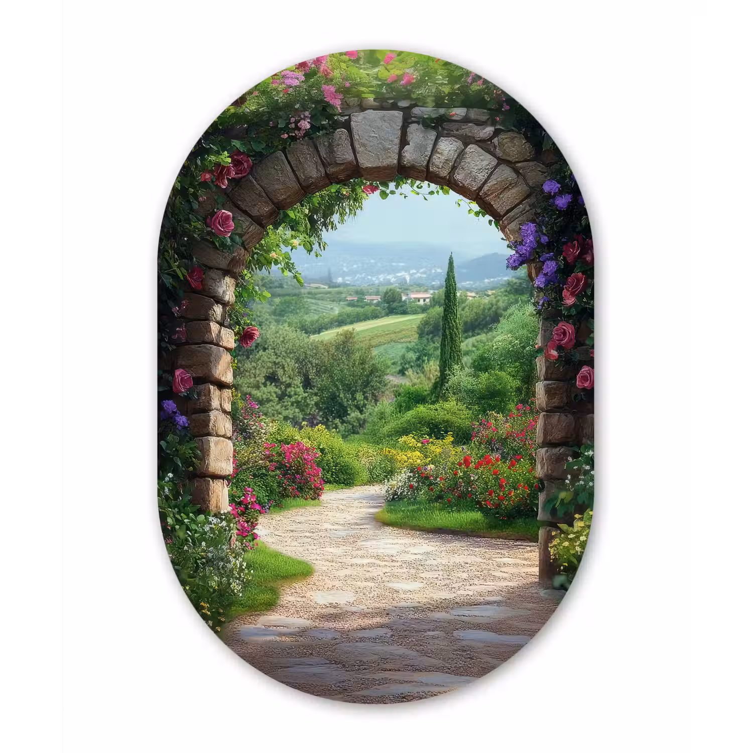 Doorkijk - Landschap - Bloemen - Pad - Uitzicht Wandcirkel Ovaal Glas middel -3d