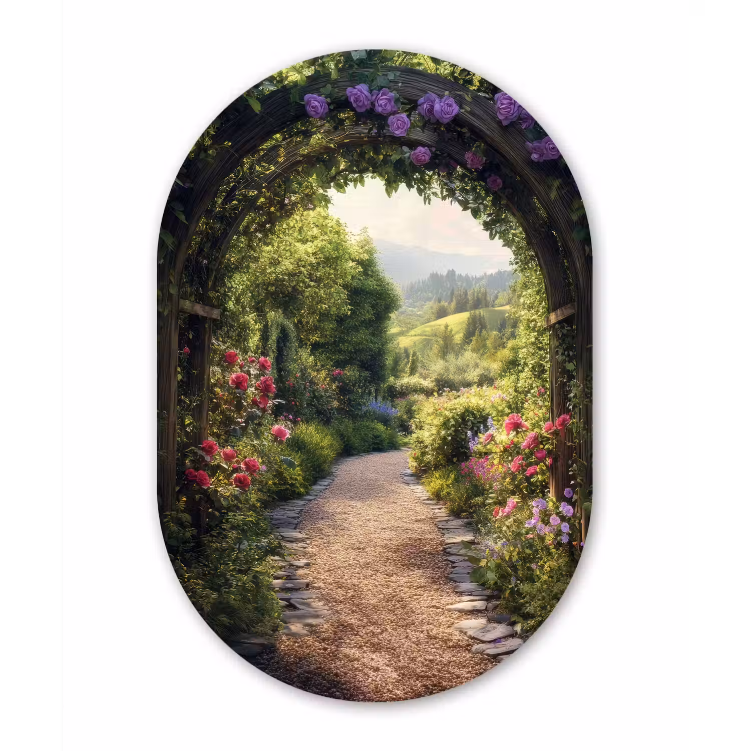 Doorkijk - Landschap - Bloemen - Tuinboog - Natuur Wandcirkel Ovaal Glas middel -3d