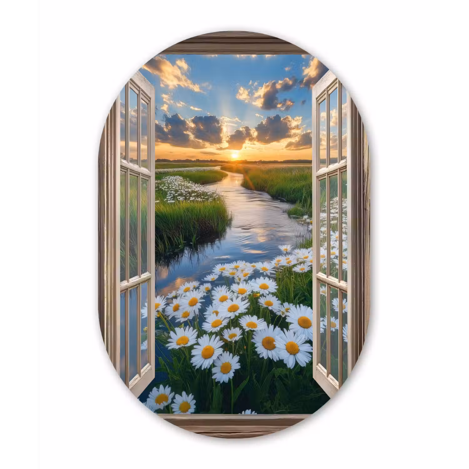 Doorkijk - Landschap - Raam - Water - Zonsondergang Wandcirkel Ovaal Glas middel -3d