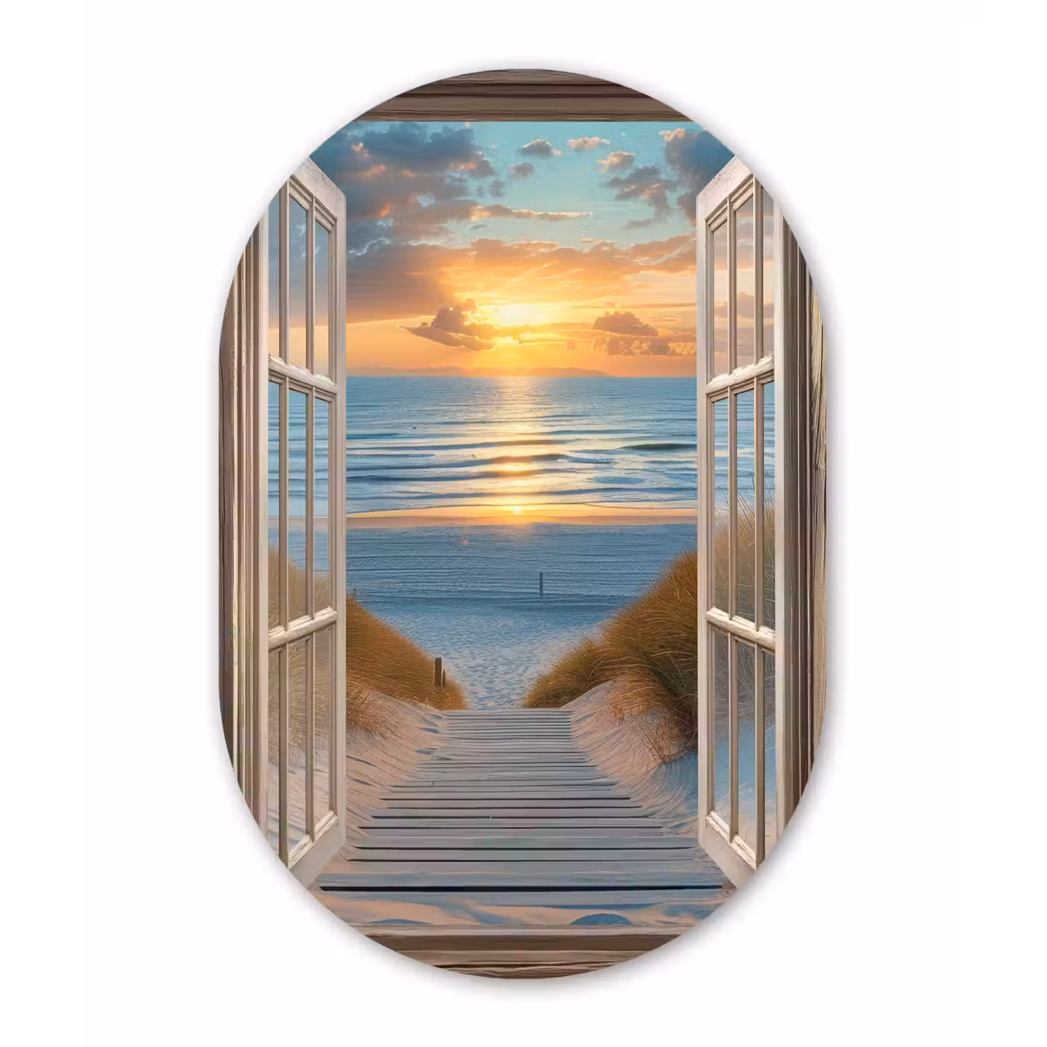 Doorkijk - Strand - Pad - Zonsondergang Wandcirkel Ovaal Glas middel -3d