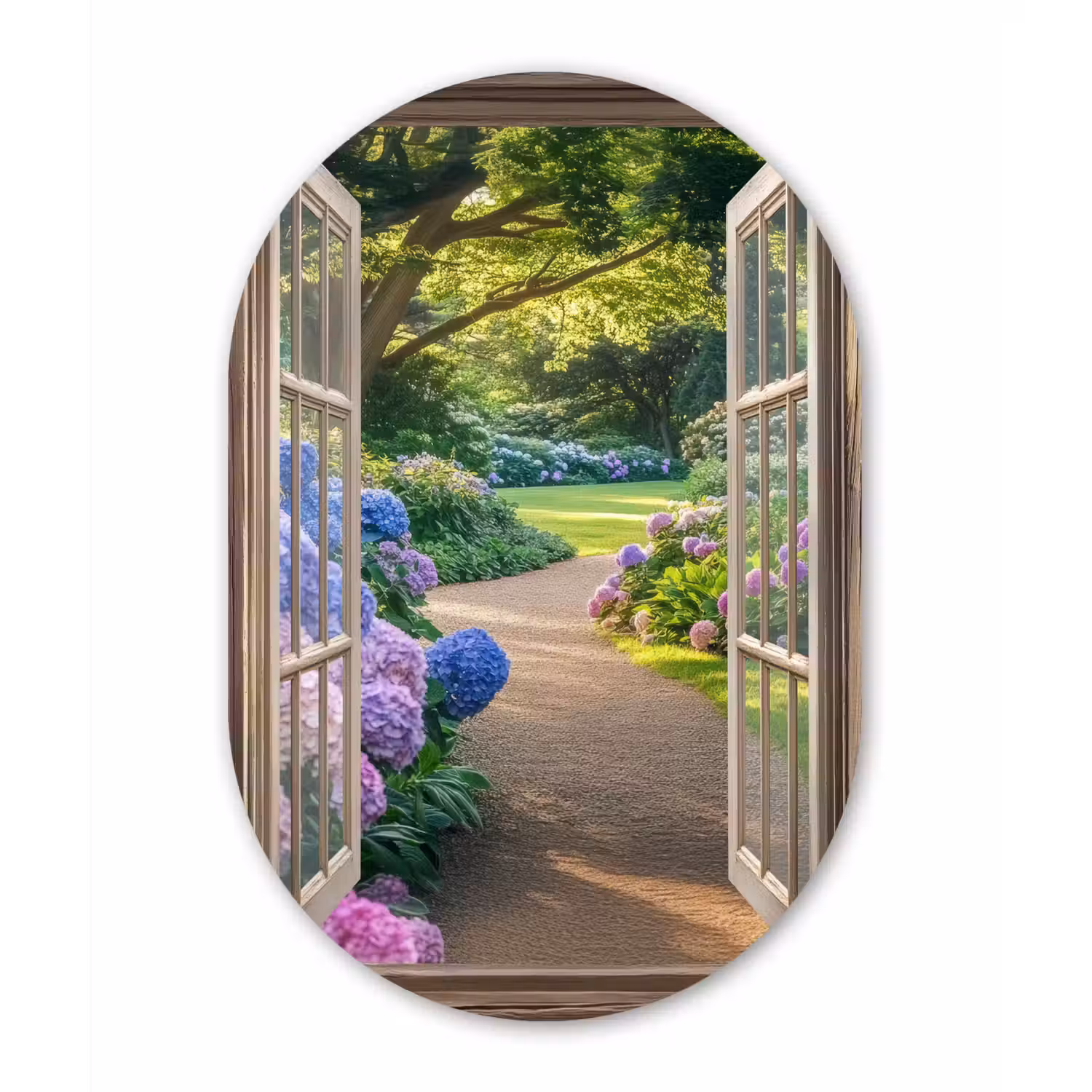 Doorkijk - Tuin - Raam - Hortensia - Bloemen Wandcirkel Ovaal Glas middel -3d