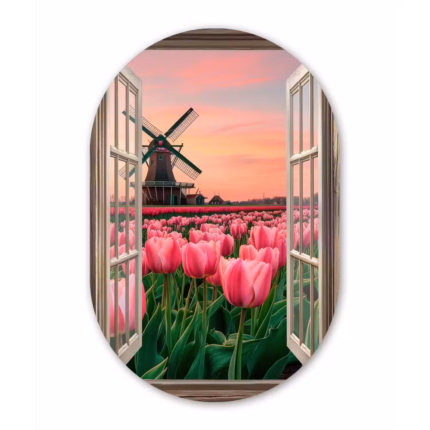 Doorkijk - Tulpen - Bloemen - Molen - Raam Wandcirkel Ovaal Glas middel -3d