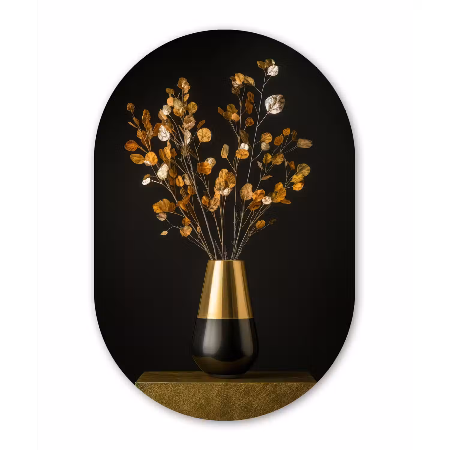 Goudbruine - Bladeren - Vaas - Herfstachtig Wandcirkel Ovaal Glas middel -3d