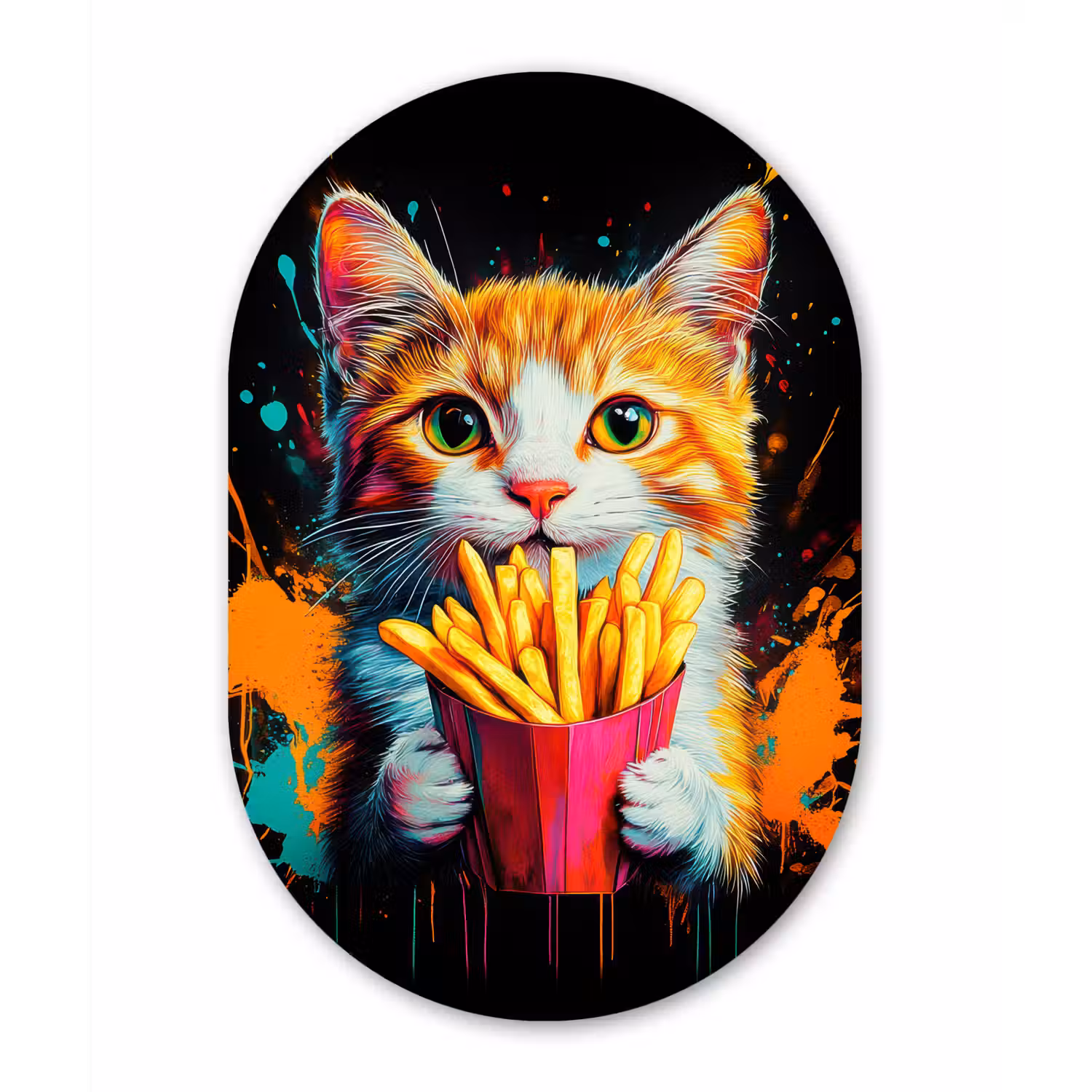 Kat - Eten - Patat - Graffiti - Abstract Wandcirkel Ovaal Glas middel -3d