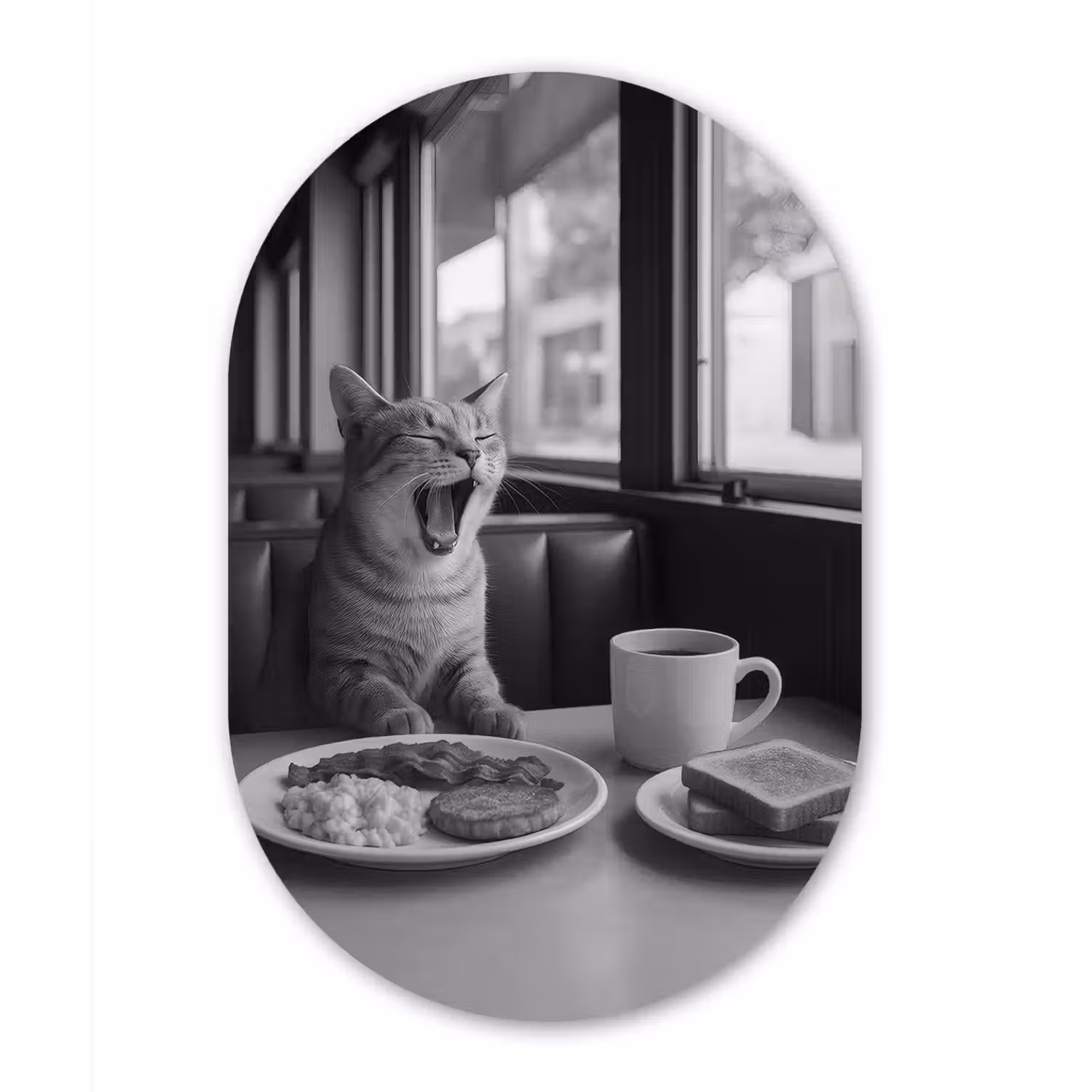 Kat - Koffie - Brood - Zwart Wandcirkel Ovaal Glas middel -3d