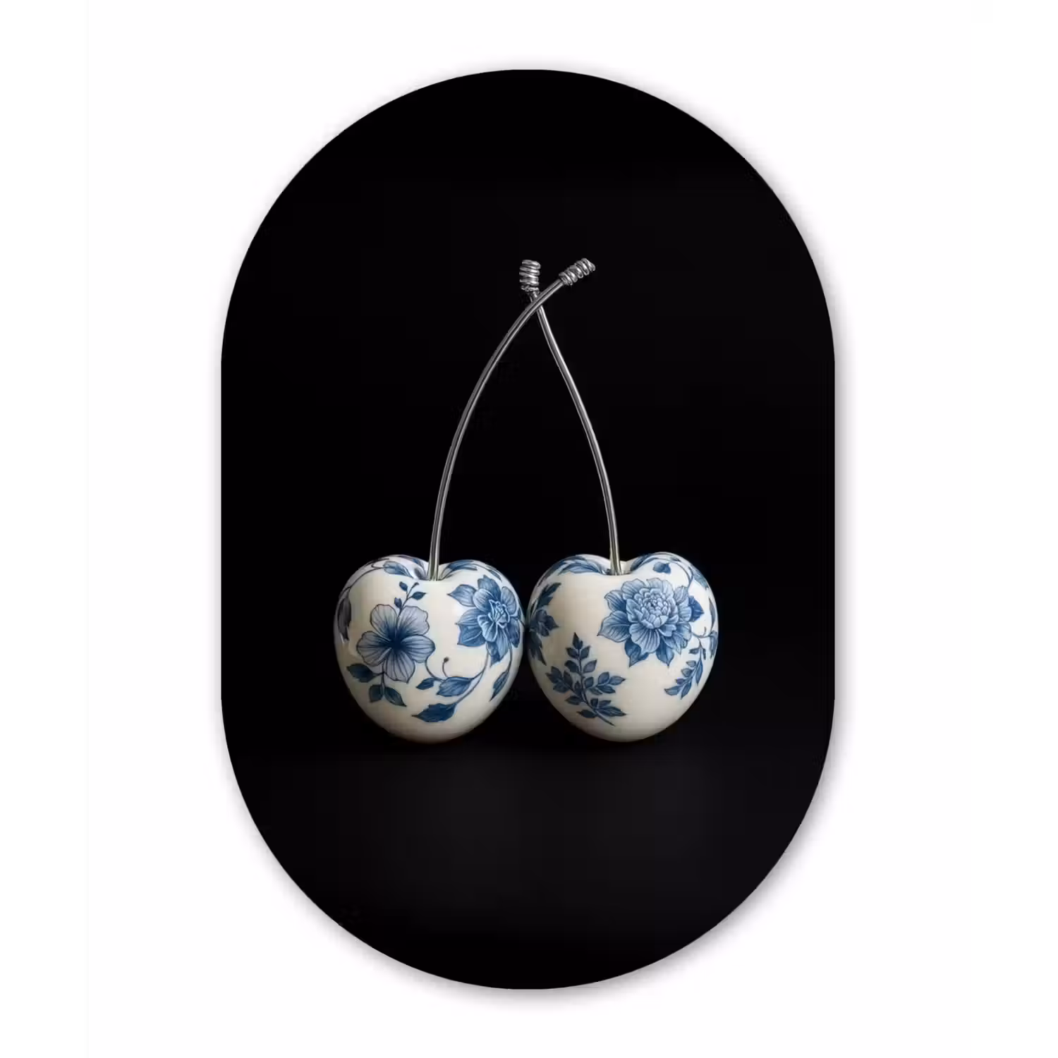 Kersen - Delfts blauw - Fruit Wandcirkel Ovaal Glas middel -3d