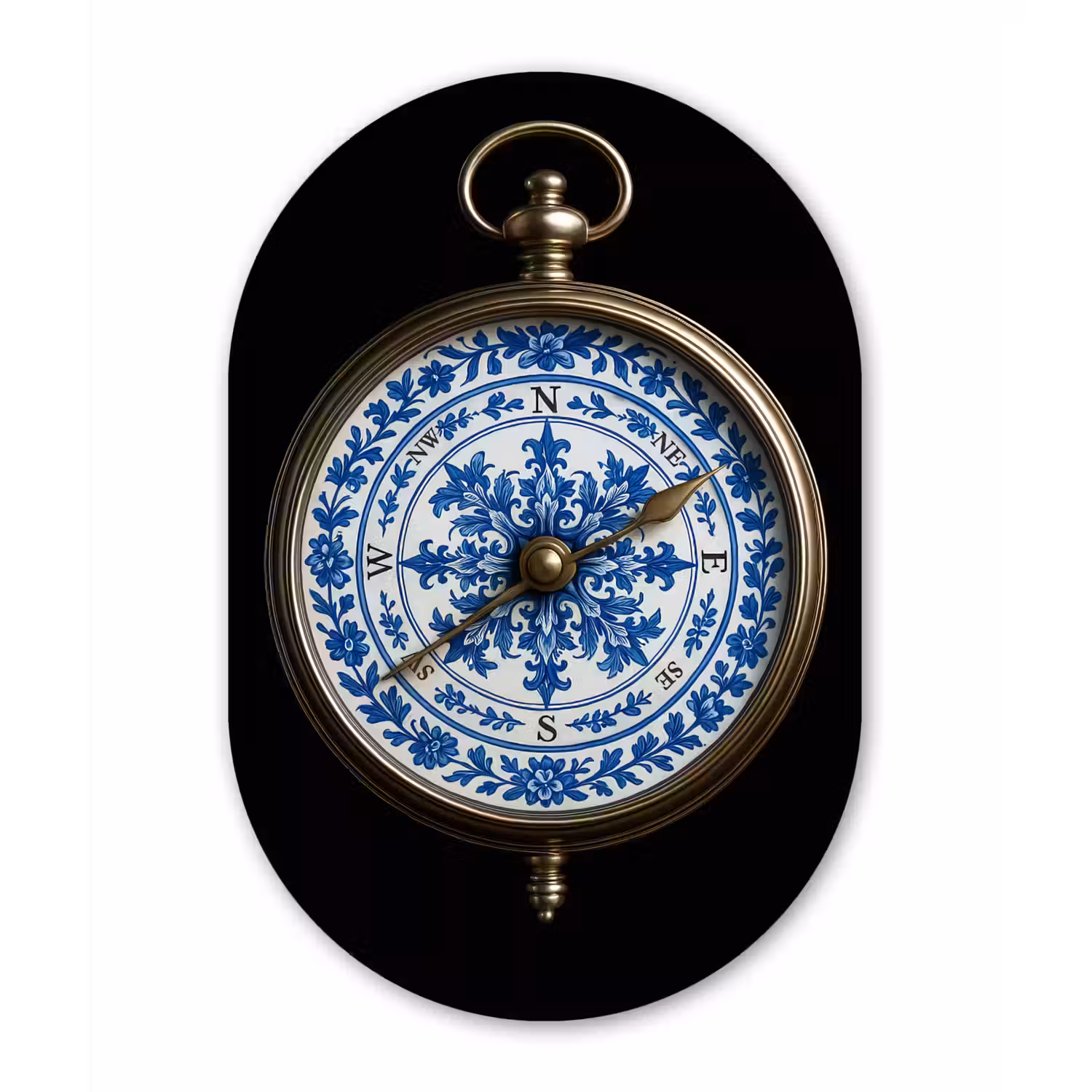 Kompas - Delfts blauw - Zwart Wandcirkel Ovaal Glas middel -3d
