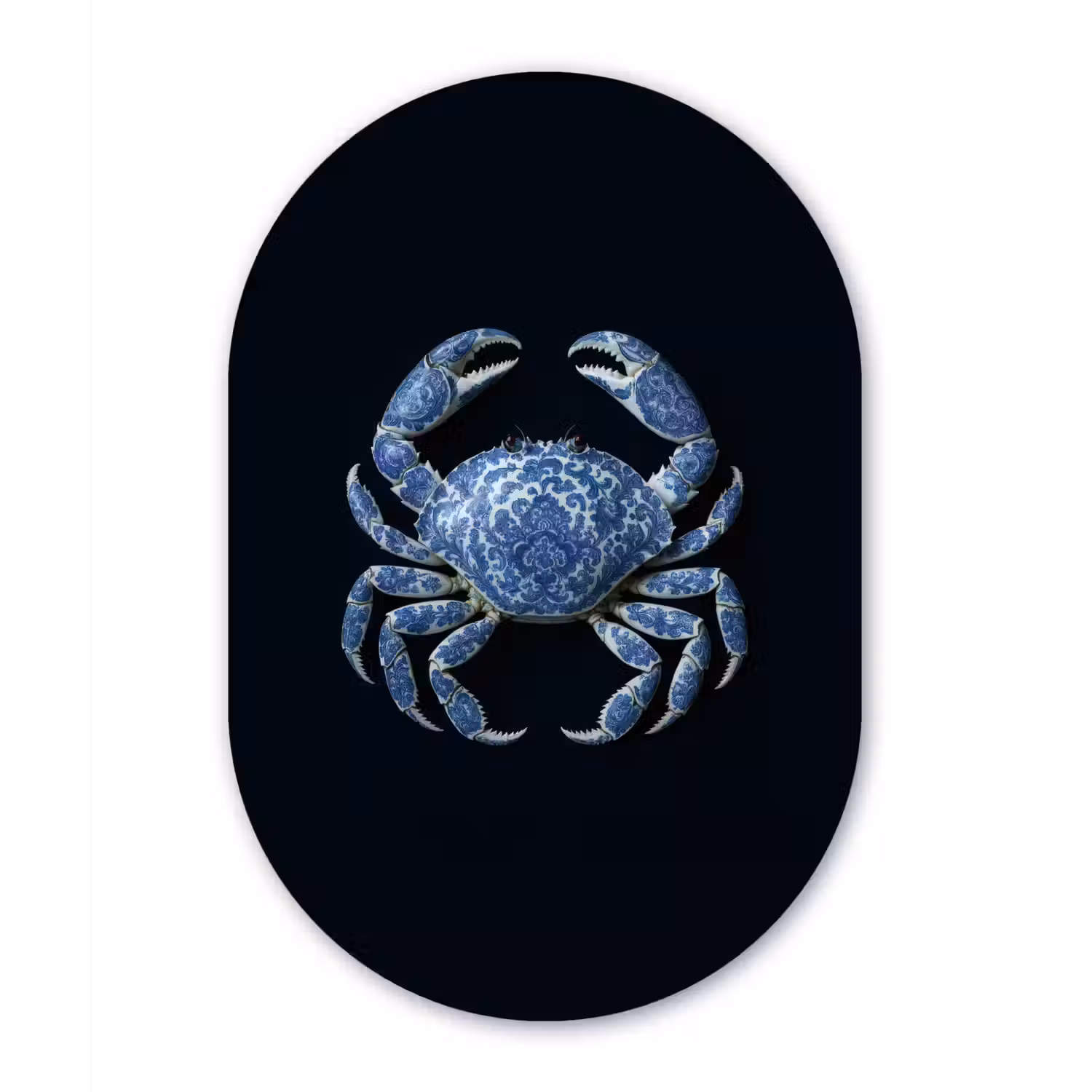 Krab - Delfts blauw - Dieren Wandcirkel Ovaal Glas middel -3d