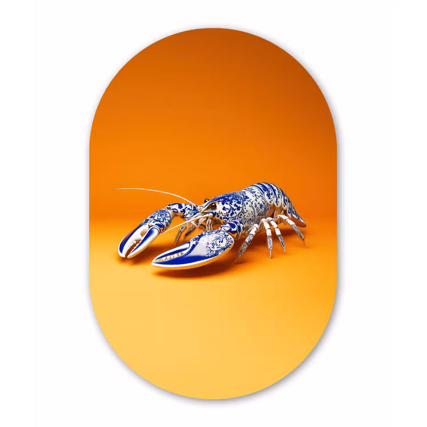Kreeft - Delftsblauw - Schild - Stoer - Oranje Wandcirkel Ovaal Glas middel -3d
