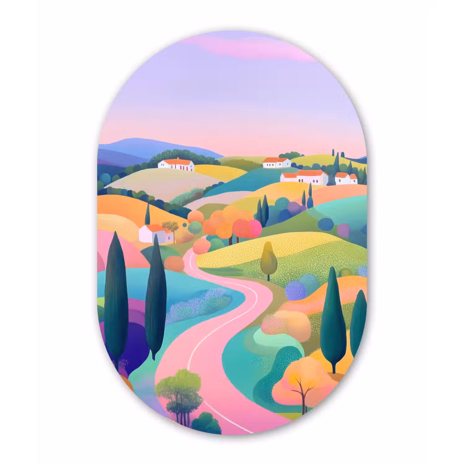 Landschap - Paars - Pastel - Huizen Wandcirkel Ovaal Glas middel -3d