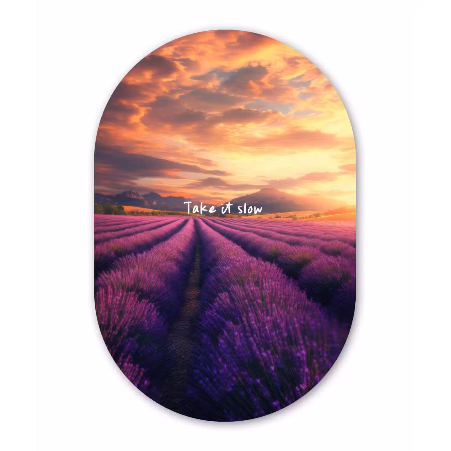 Lavendelveld - Quote - Zonsondergang Wandcirkel Ovaal Glas middel -3d