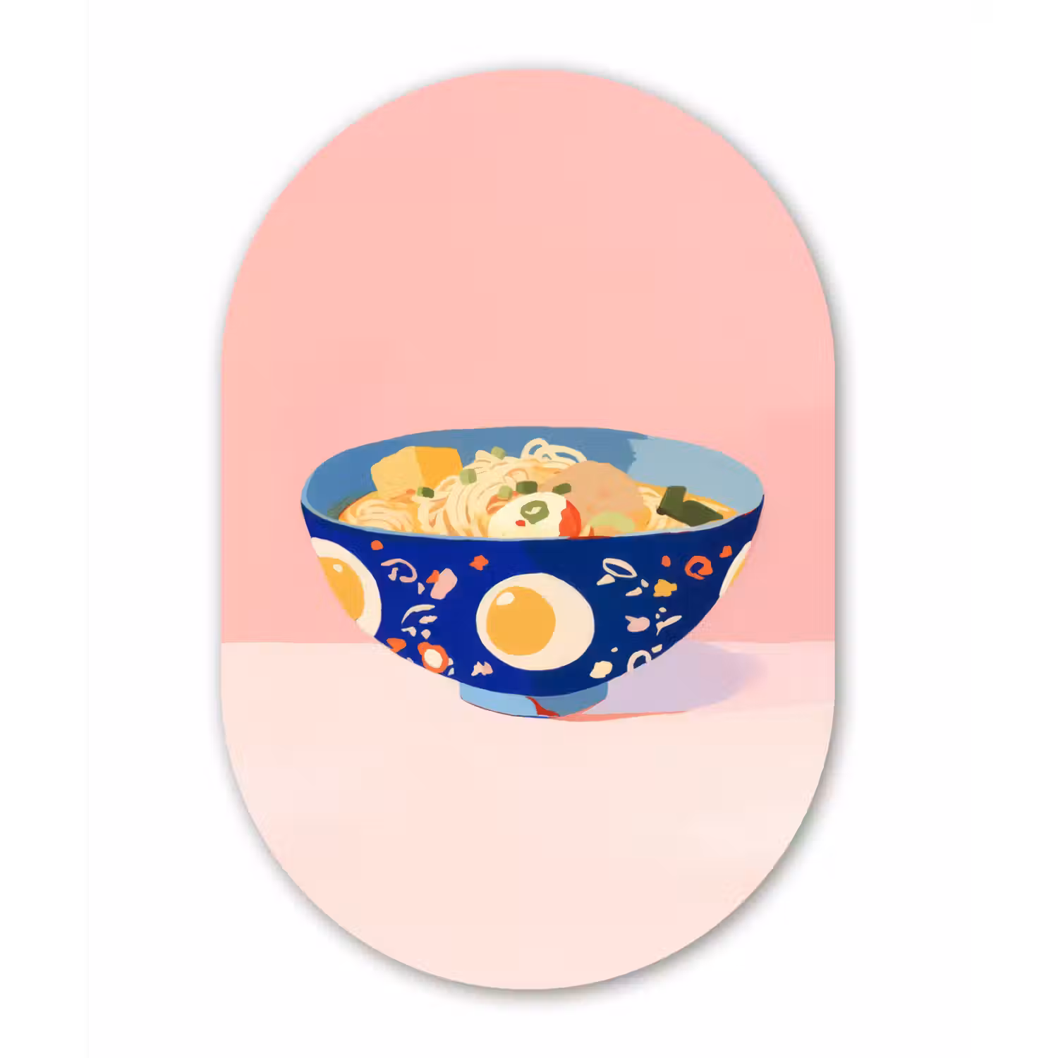 Noodles - Kom - Blauw - Illustratie Wandcirkel Ovaal Glas middel -3d