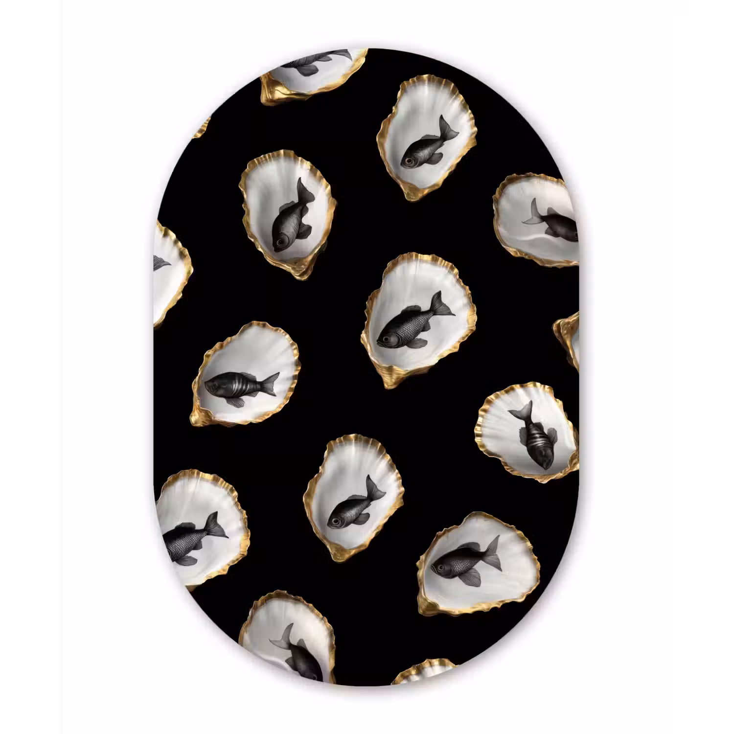 Oesters - Zwart - Vissen - Goud Wandcirkel Ovaal Glas middel -3d