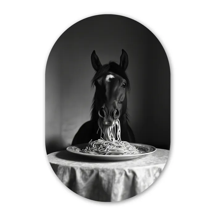 Paard - Bord - Pasta - Tafelkleed - Zwart Wit - Dieren Wandcirkel Ovaal Glas middel -3d