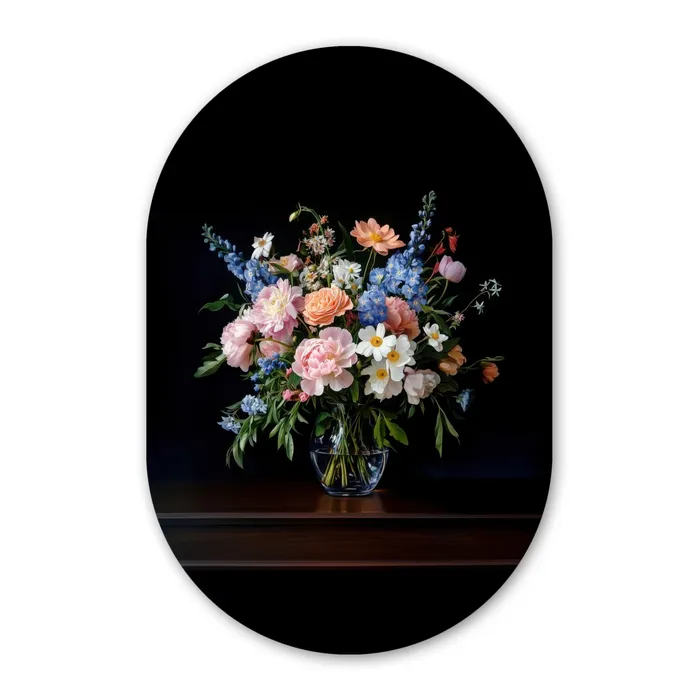 Pastel - Bloemen - Glazen - Vaas Wandcirkel Ovaal Glas middel -3d