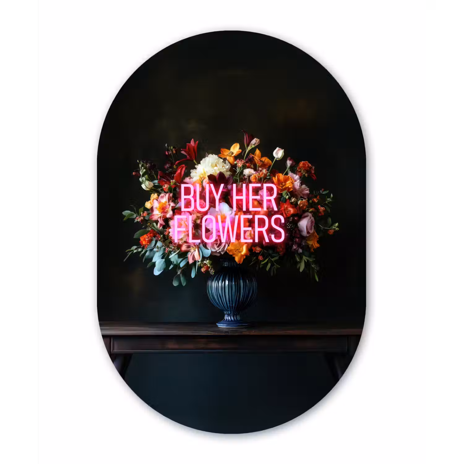Quote - Bloemen - Vaas - Neon Wandcirkel Ovaal Glas middel -3d