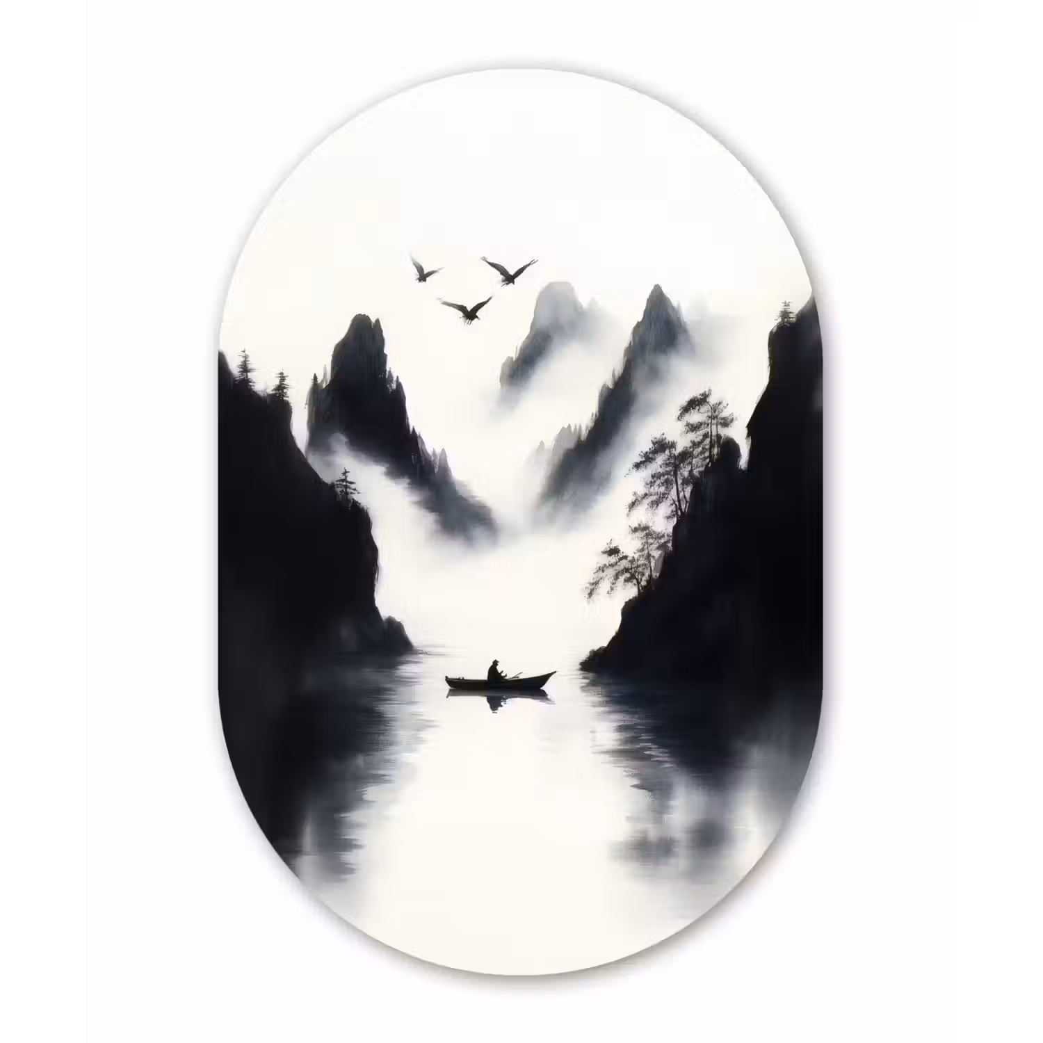 Roeiboot - Mistig - Bergen - Vogels Wandcirkel Ovaal Glas middel -3d