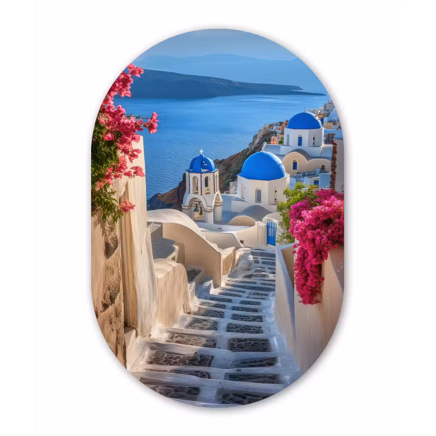 Santorini - Bloemen - Griekenland Wandcirkel Ovaal Glas middel -3d