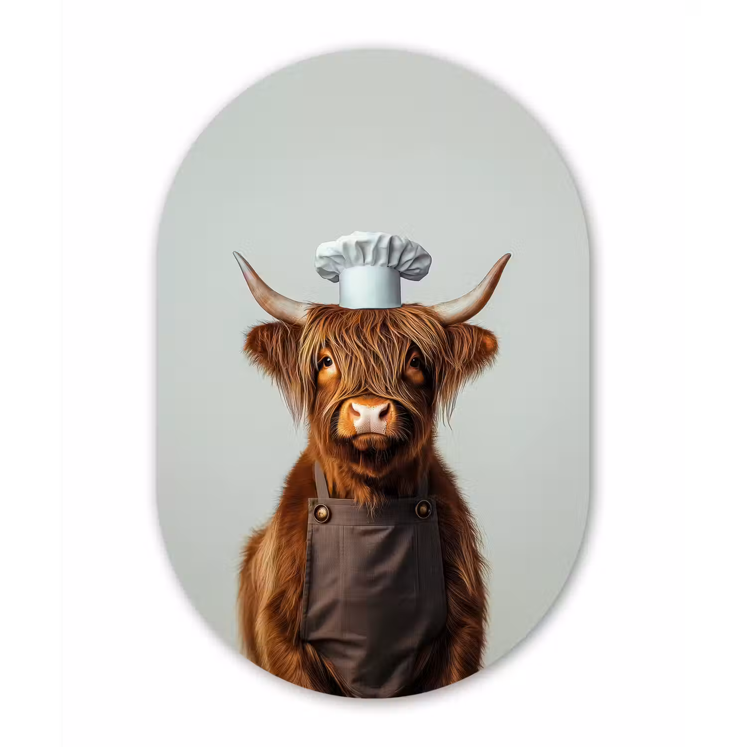 Schotse Hooglander - Bruin - Hoorns - Kokskleding Wandcirkel Ovaal Glas middel -3d