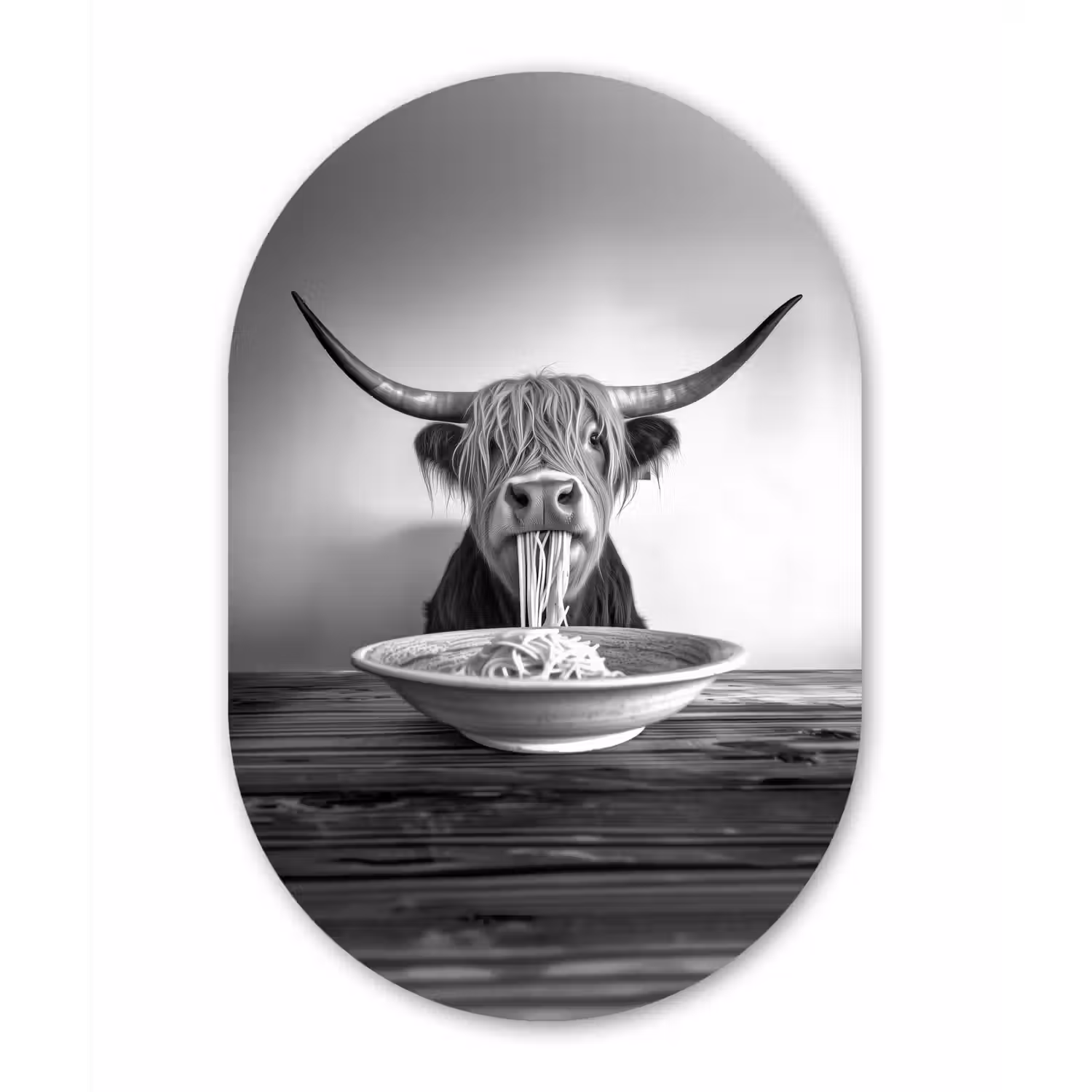 Schotse Hooglander - Spaghetti - Dieren - Zwart wit Wandcirkel Ovaal Glas middel -3d