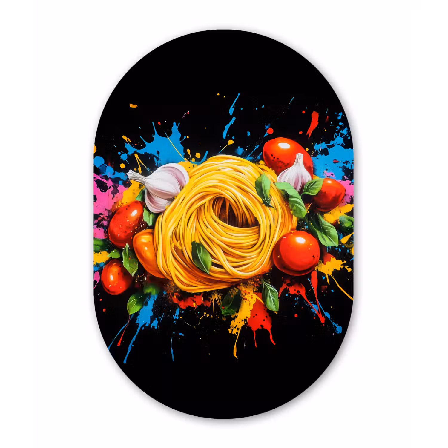 Spaghetti - Graffiti - Verf - Kleurrijk - Eten - Modern Wandcirkel Ovaal Glas middel -3d