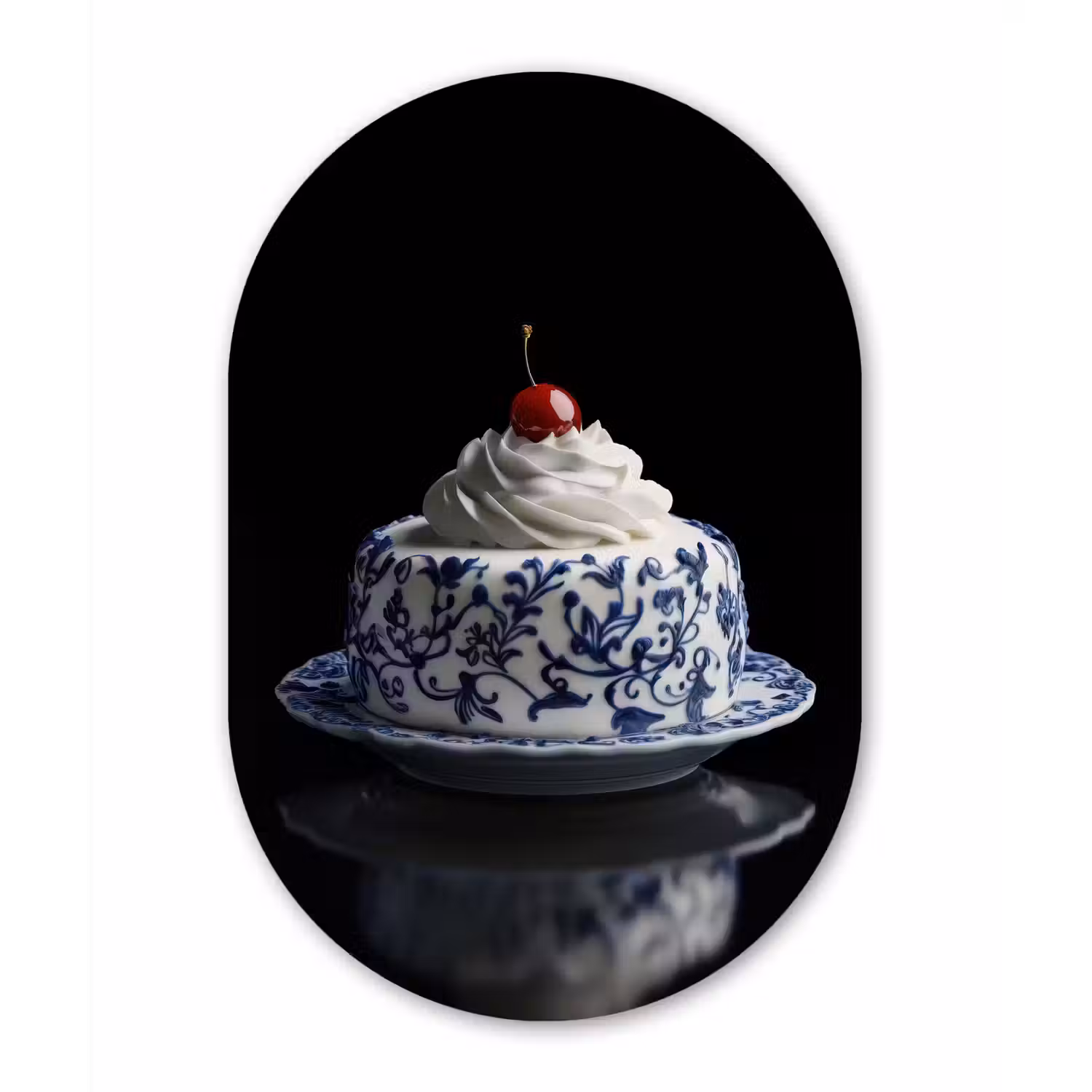 Taart - Slagroom - Kers - Bord - Delfts blauw Wandcirkel Ovaal Glas middel -3d