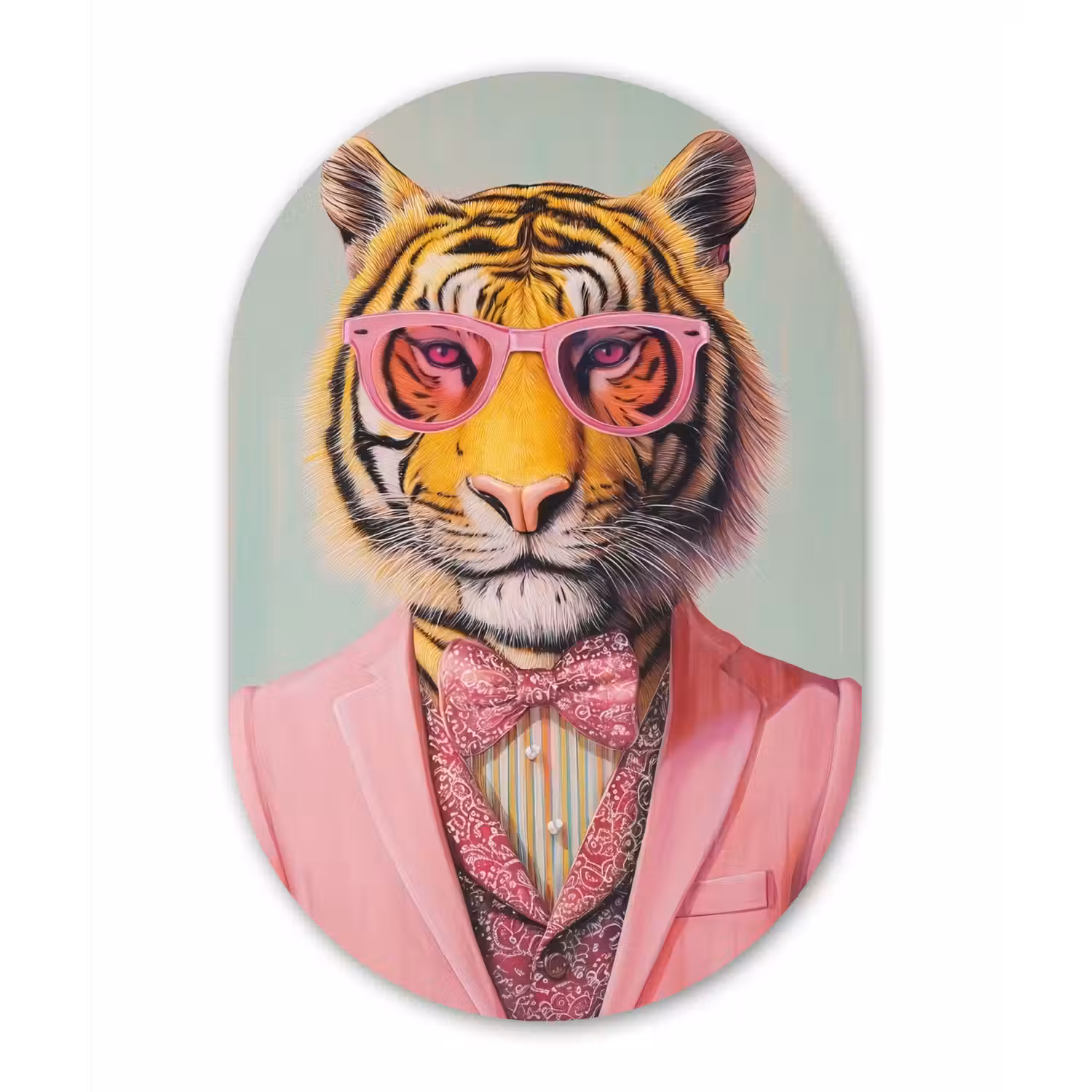 Tijger - Strik - Jasje - Roze Wandcirkel Ovaal Glas middel -3d
