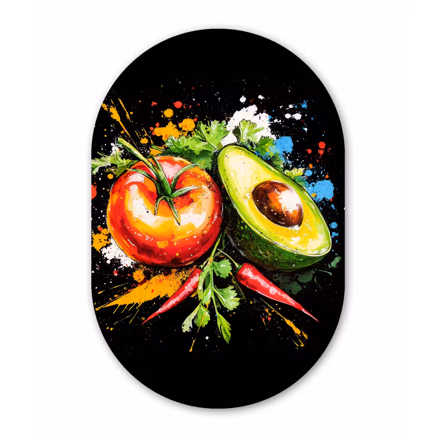 Tomaat - Avocado - Peper - Graffiti - Verf - Modern Wandcirkel Ovaal Glas middel -3d