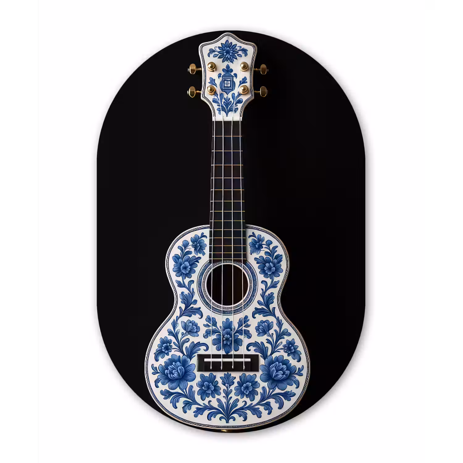 Ukelele - Delfts - Blauw - Muziek Wandcirkel Ovaal Glas middel -3d