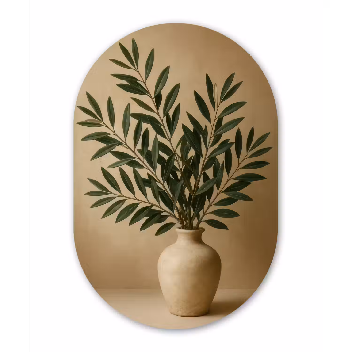 Vaas - Olijftakken - Bladeren - Beige Wandcirkel Ovaal Glas middel -3d