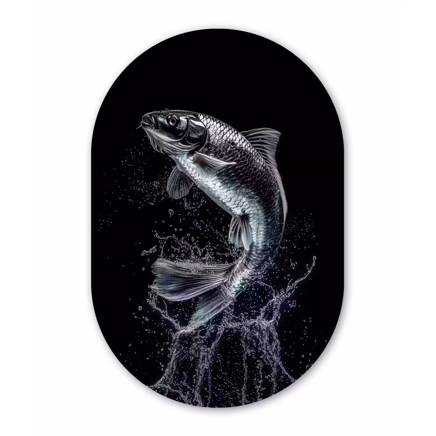 Vis - Koi - Zwart - Water Wandcirkel Ovaal Glas middel -3d