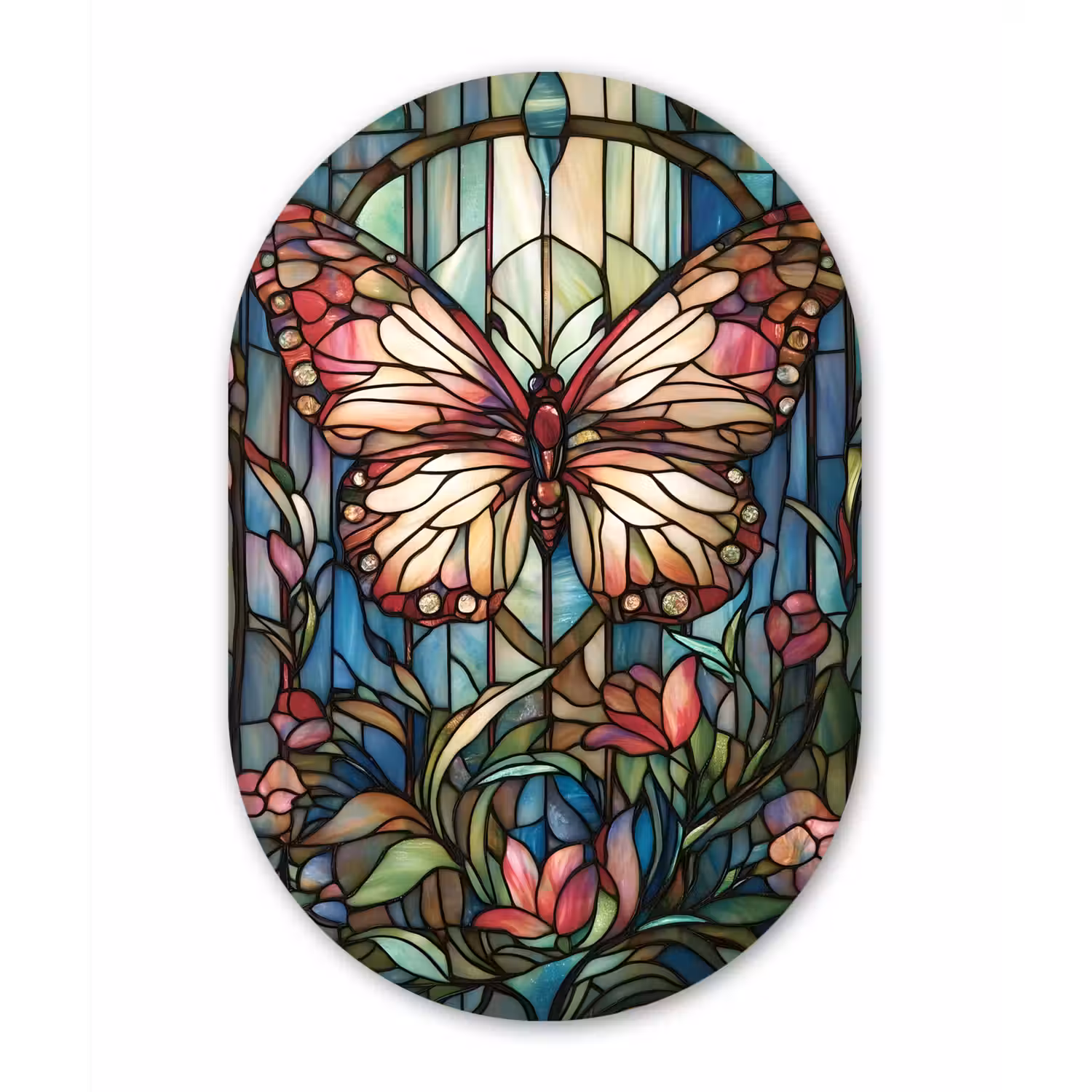 Vlinder - Roze - Bloemen - Bladeren Wandcirkel Ovaal Glas middel -3d