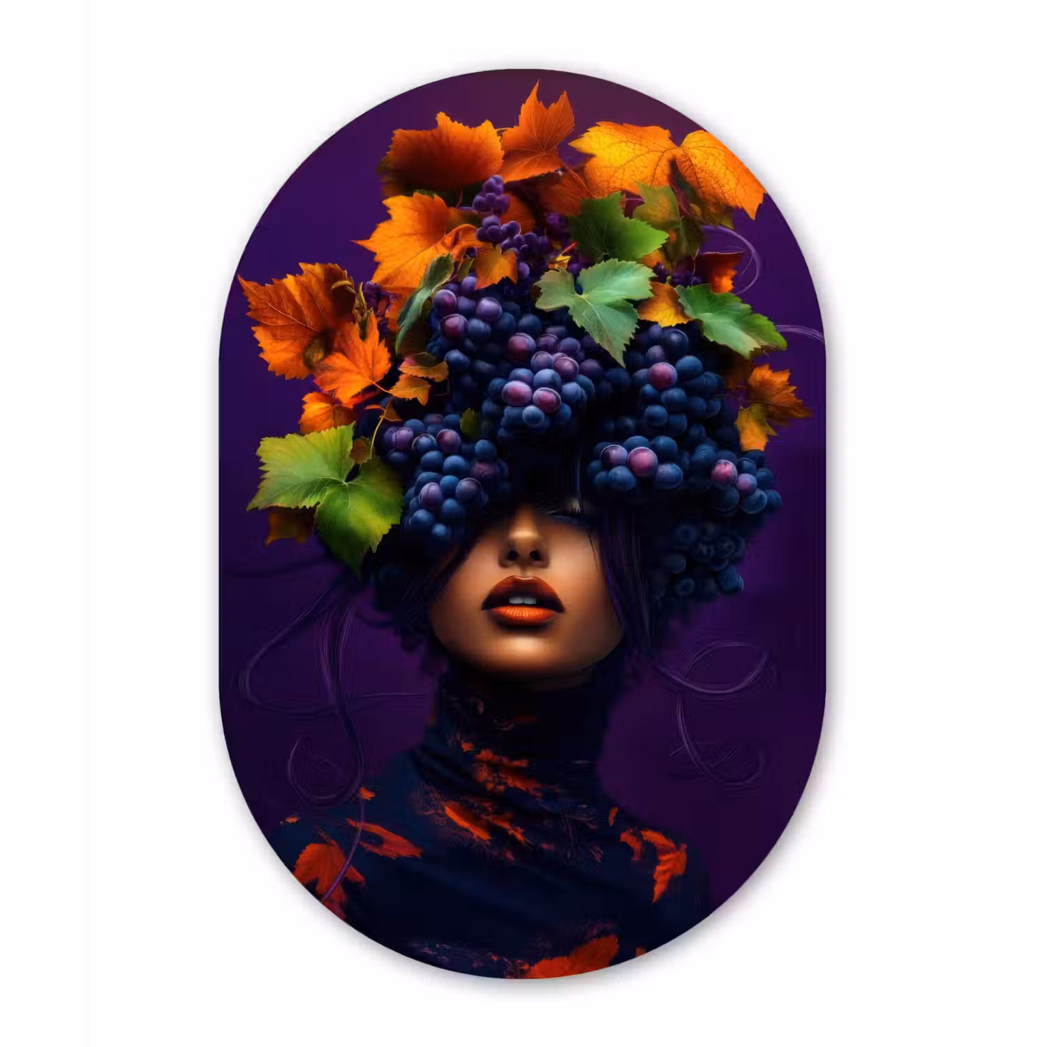 Vrouw - Paars - Druiven Wandcirkel Ovaal Glas middel -3d