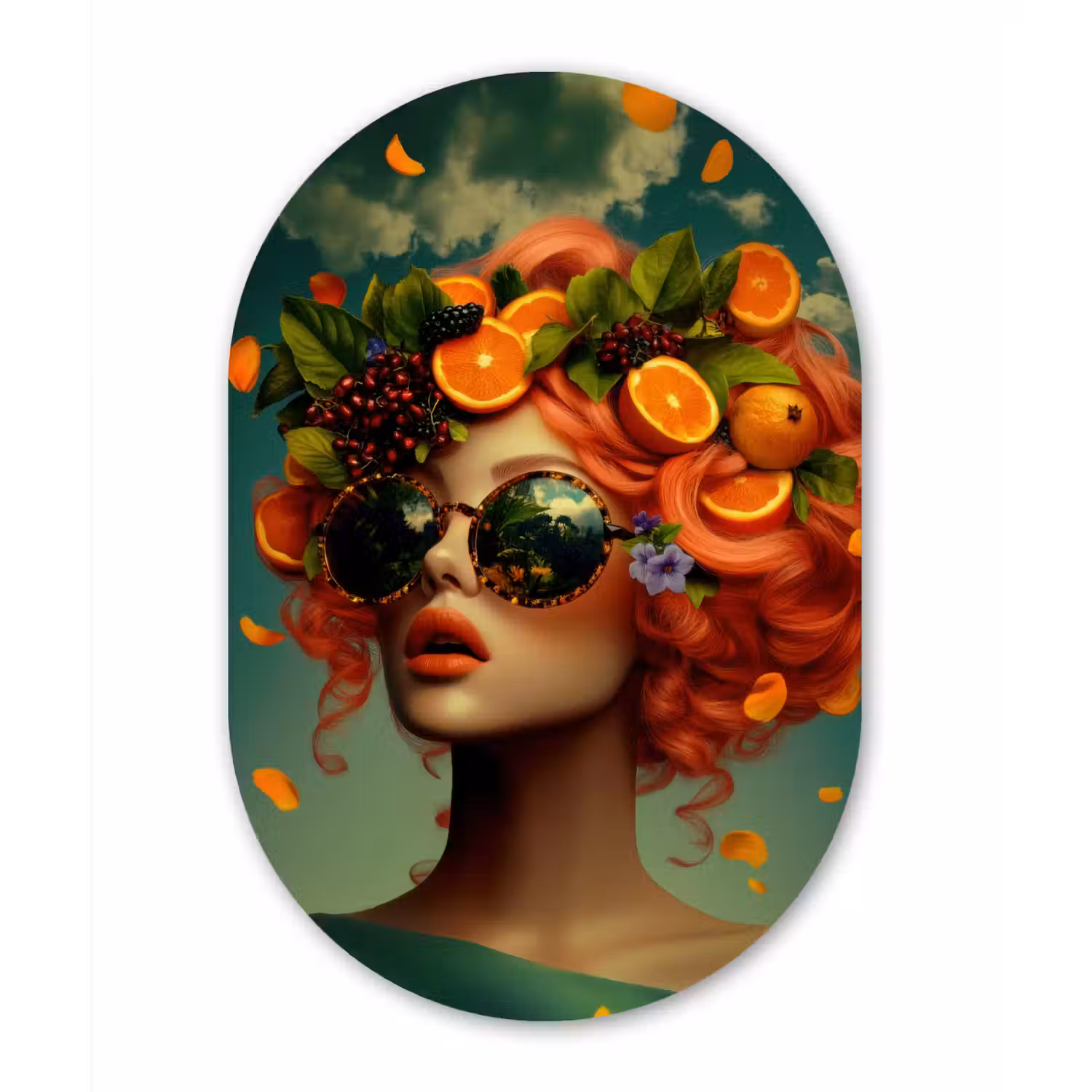 Vrouw - Sinaasappel - Bessen - Oranje Wandcirkel Ovaal Glas middel -3d