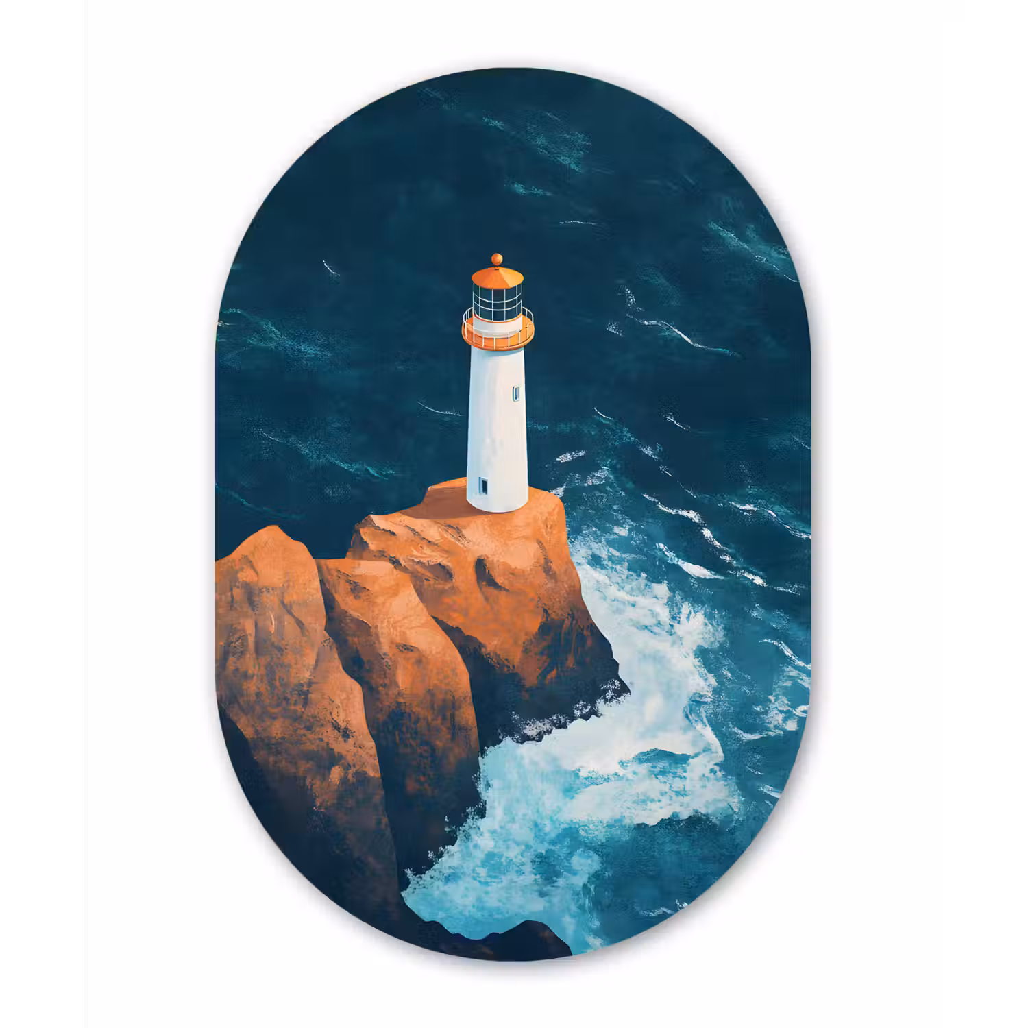 Vuurtoren - Rots - Zee - Golven Wandcirkel Ovaal Glas middel -3d
