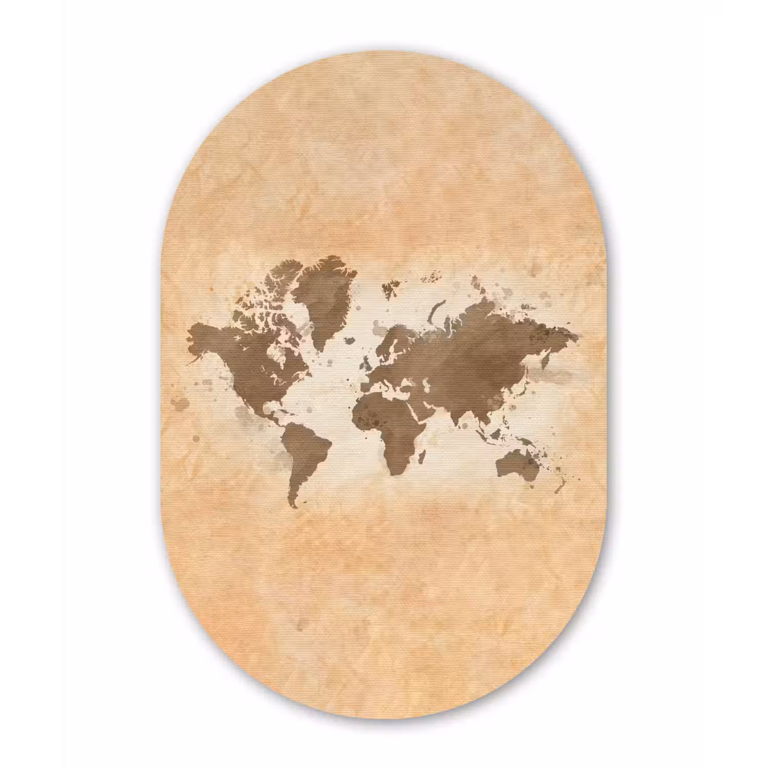 Wereldkaart - Beige - Bruin Wandcirkel Ovaal Glas middel -3d