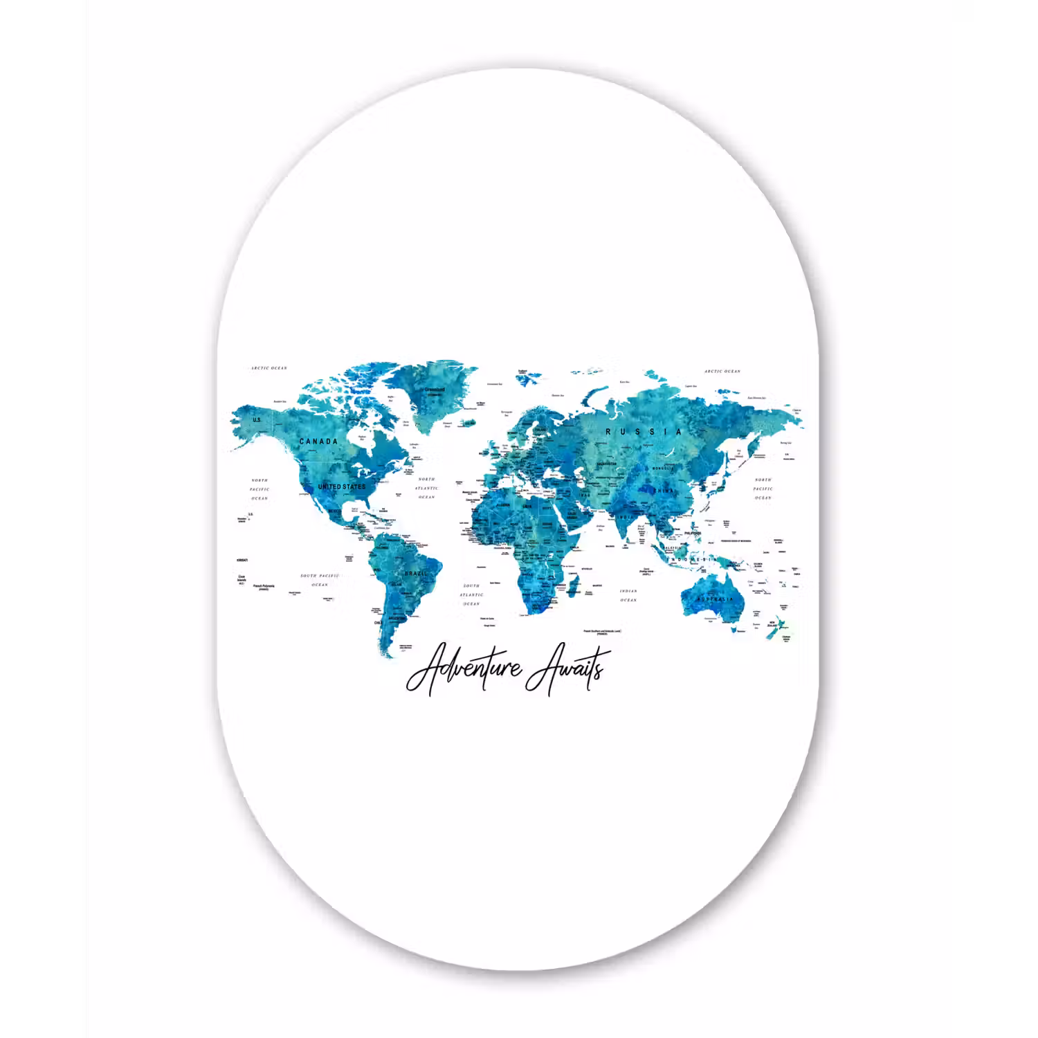 Wereldkaart - Blauw - Kleurrijk Wandcirkel Ovaal Glas middel -3d