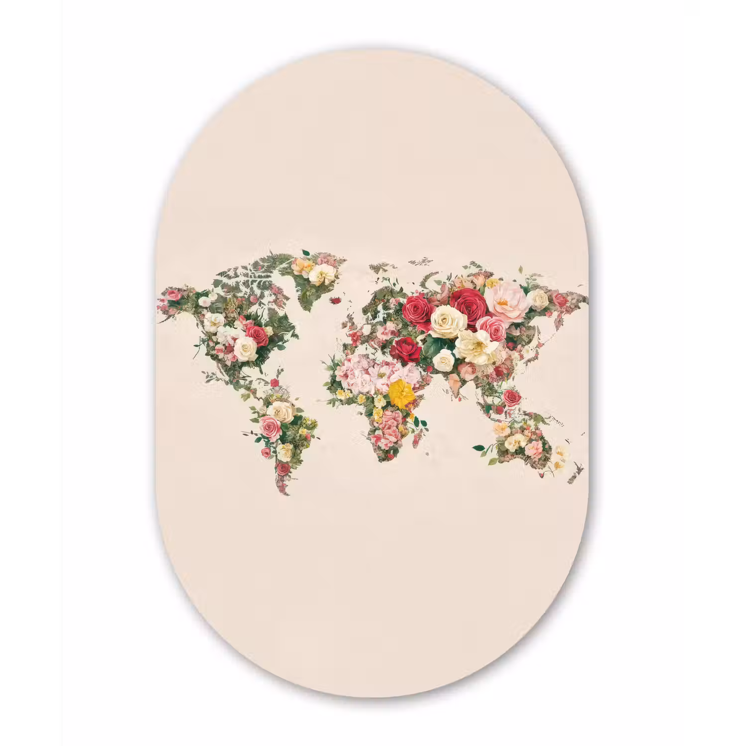 Wereldkaart - Bloemen - Roze Wandcirkel Ovaal Glas middel -3d