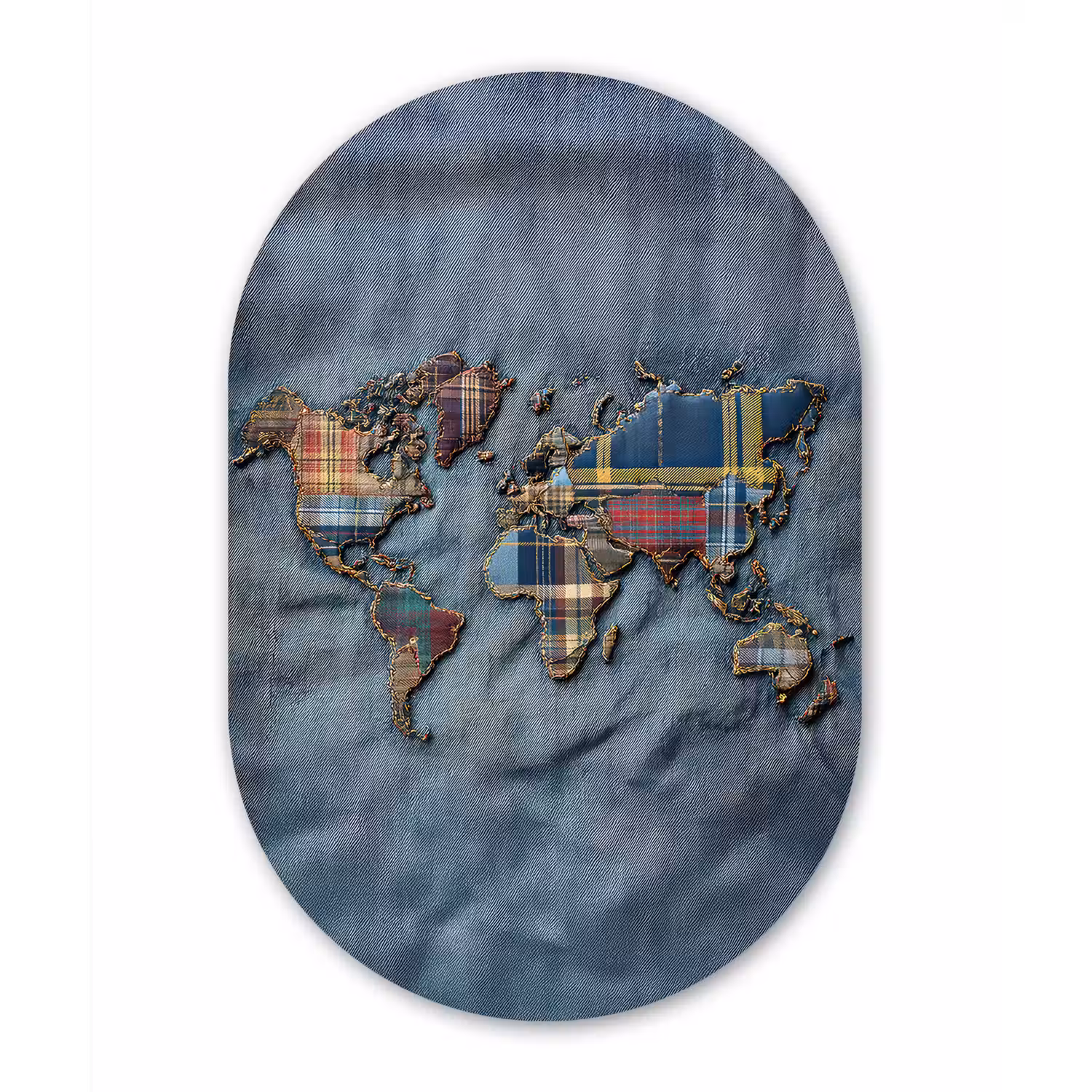 Wereldkaart - Denim - Textiel Wandcirkel Ovaal Glas middel -3d