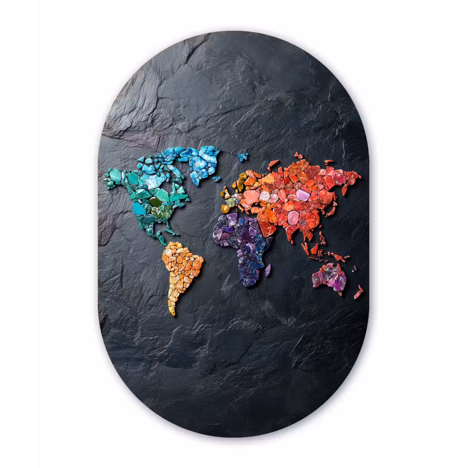 Wereldkaart - Edelstenen - Regenboog - Ruw Wandcirkel Ovaal Glas middel -3d