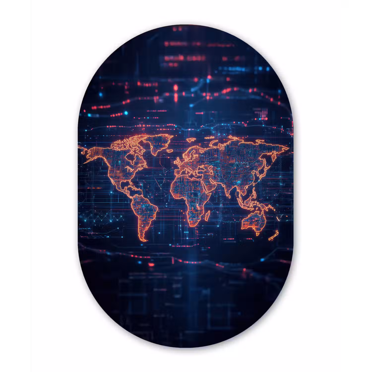 Wereldkaart - Futuristisch - Oranje Wandcirkel Ovaal Glas middel -3d