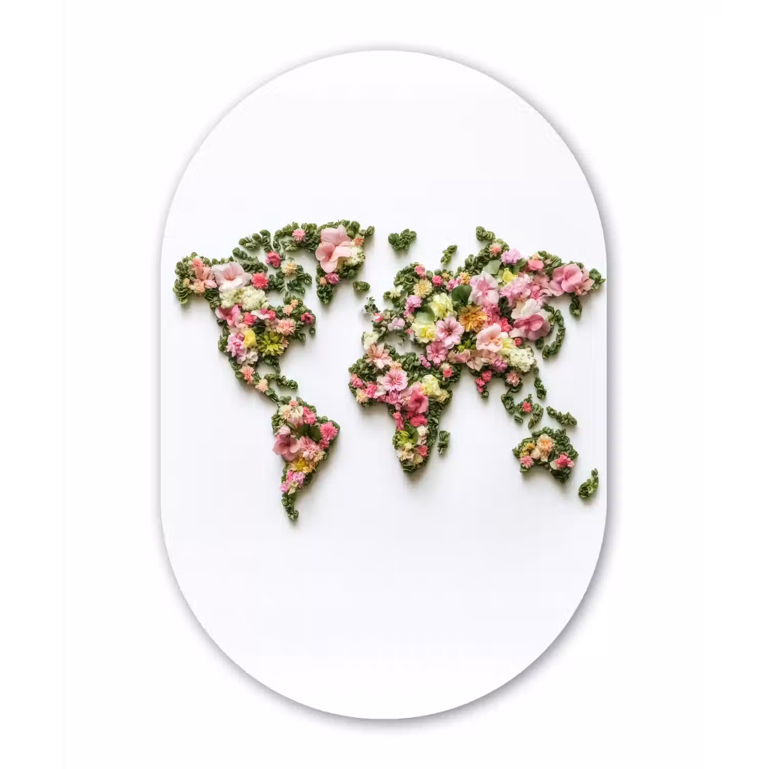 Wereldkaart - Kleurrijk - Bloemen - Lente Wandcirkel Ovaal Glas middel -3d