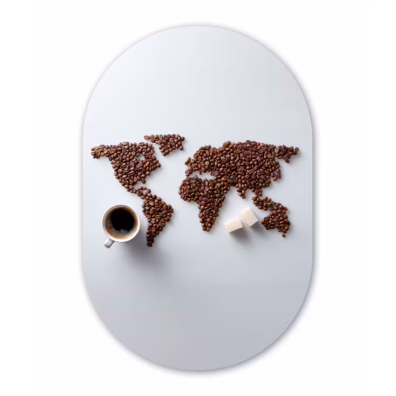 Wereldkaart - Koffiebonen - Suikerklontjes Wandcirkel Ovaal Glas middel -3d