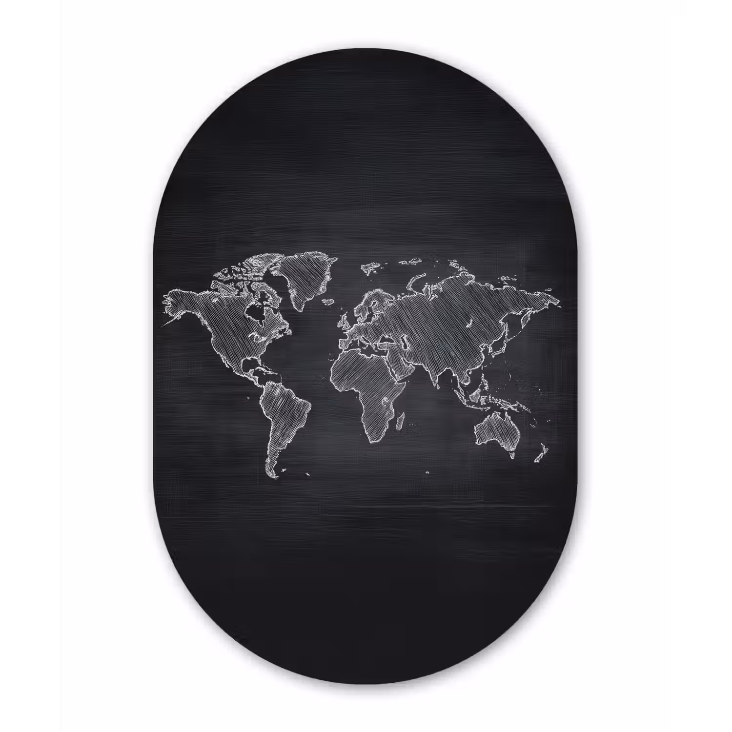Wereldkaart - Krijt - Zwart - minimalistisch Wandcirkel Ovaal Glas middel -3d