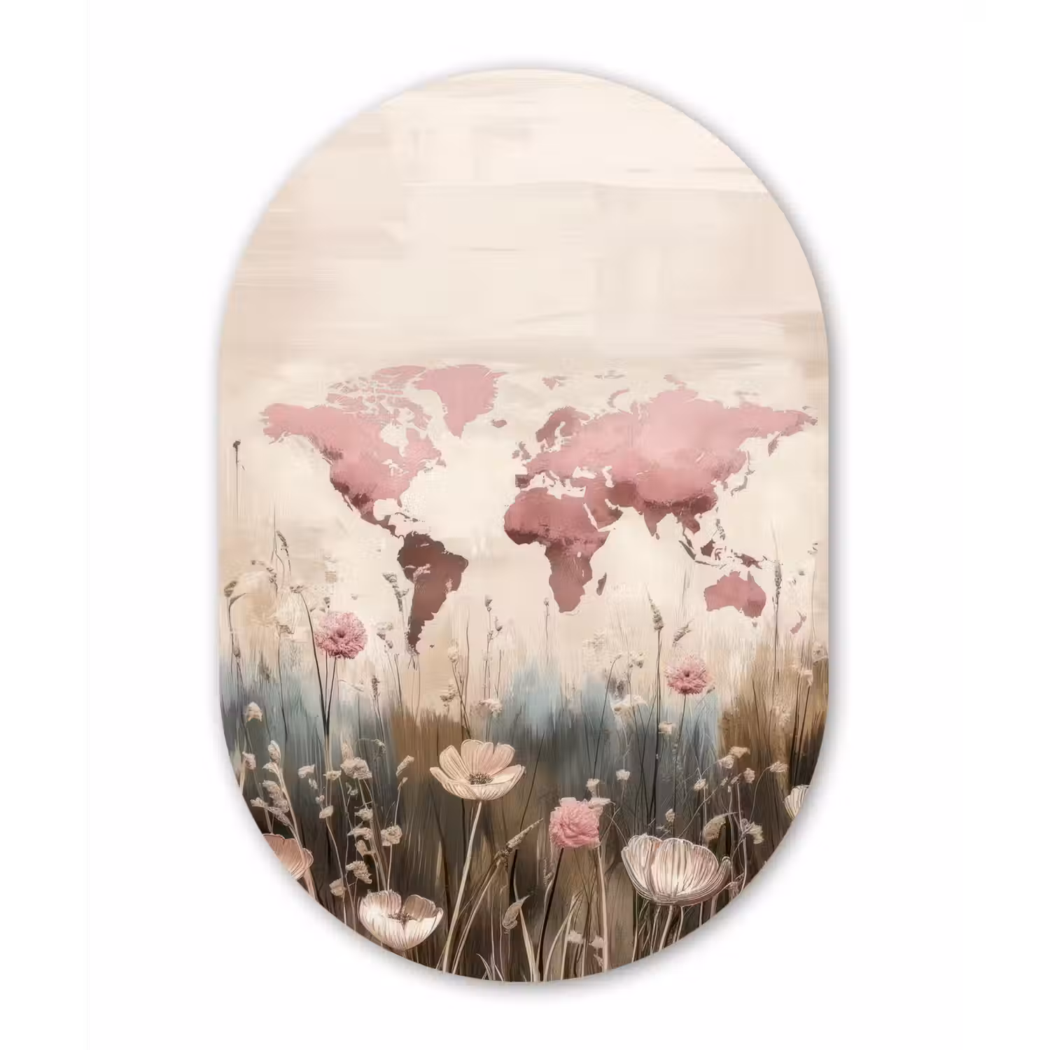Wereldkaart - Roze - Bloemen Wandcirkel Ovaal Glas middel -3d