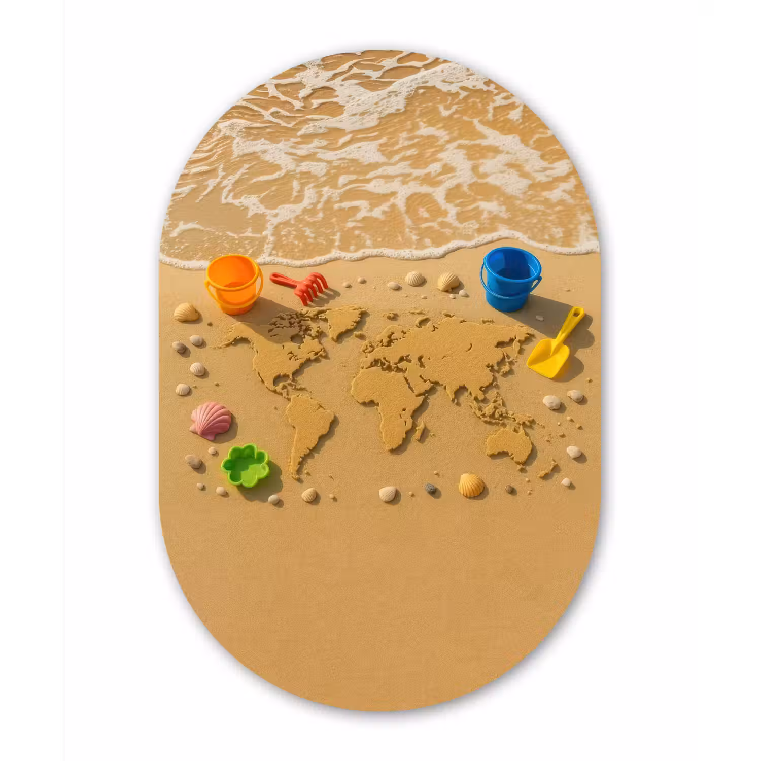 Wereldkaart - Zand - Kleurrijk - Zomer Wandcirkel Ovaal Glas middel -3d