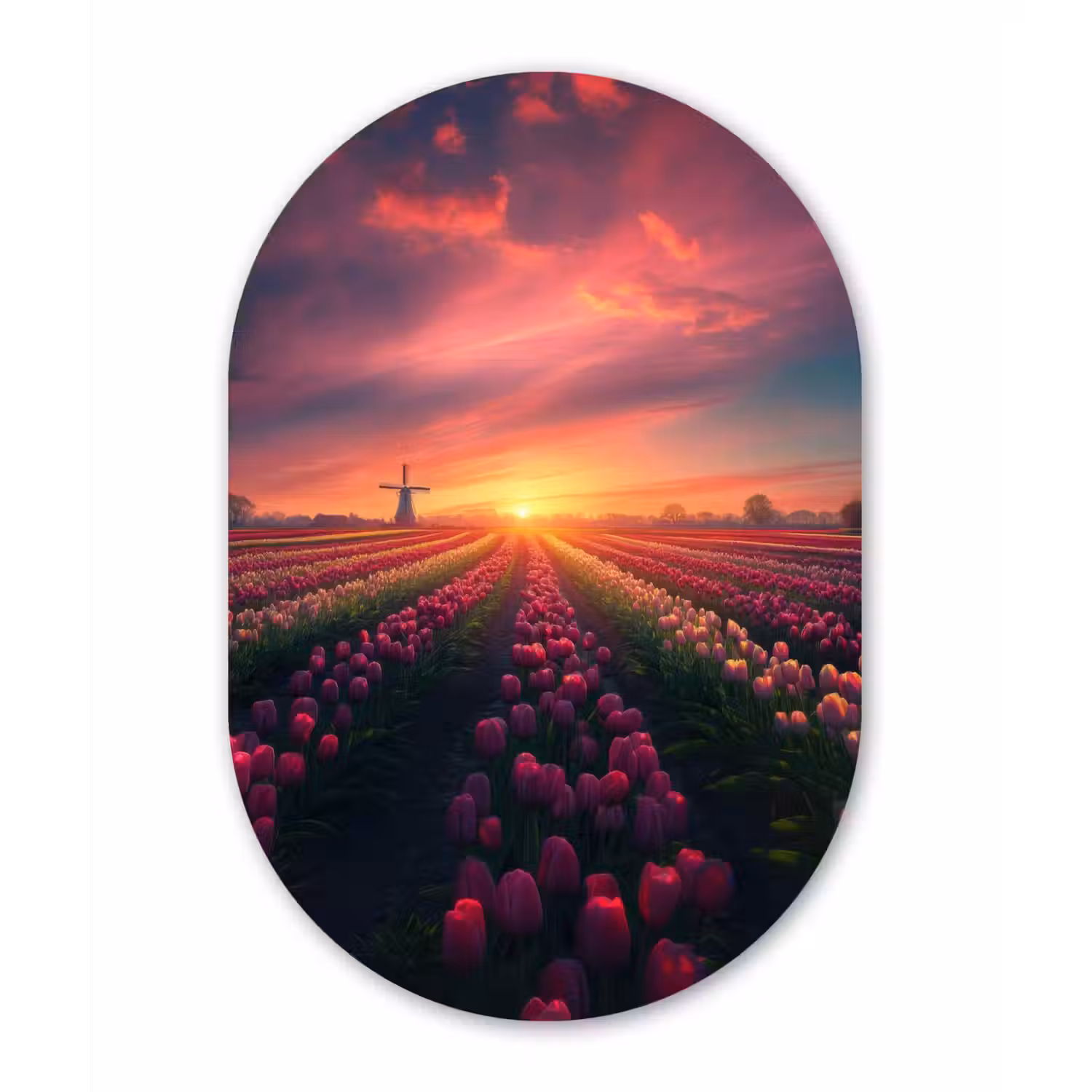 Windmolen - Zonsondergang - Landschap Wandcirkel Ovaal Glas middel -3d